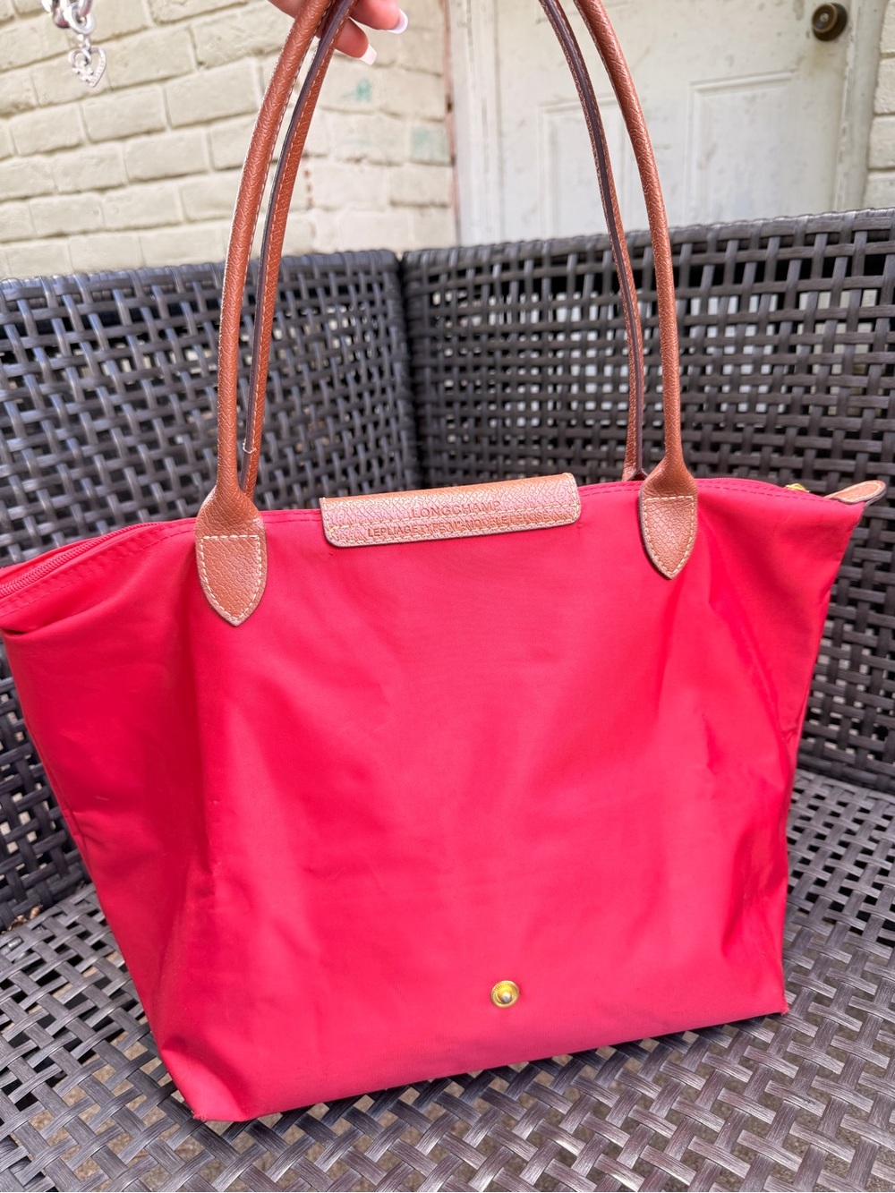 Longchamp Red Nylon Tote with Brown Leather Trim - Picture 3 of 8